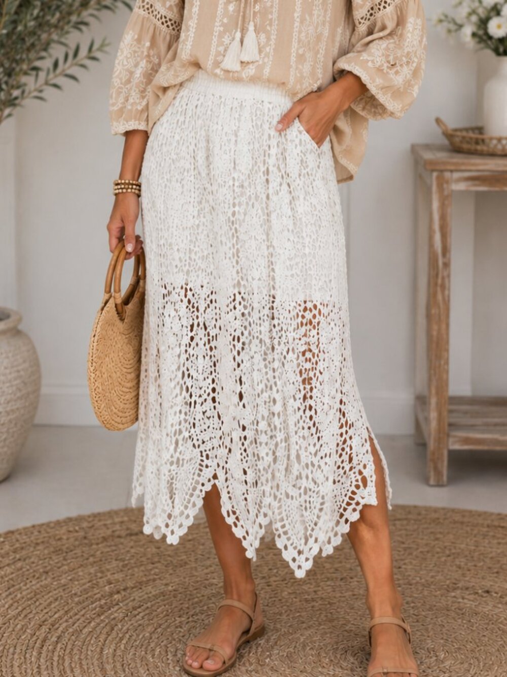 POL White Crochet Midi Skirt Scalloped Hem Boho Beachy Pull-On Skirt Small